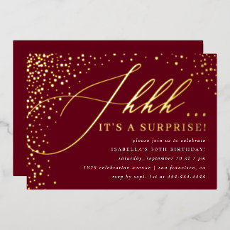 Burgundy & Gold Confetti-Skript-Überraschungs-Part Folieneinladung