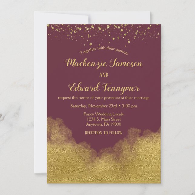 Burgundy Gold Confetti Wedding Einladung Elegant (Vorderseite)