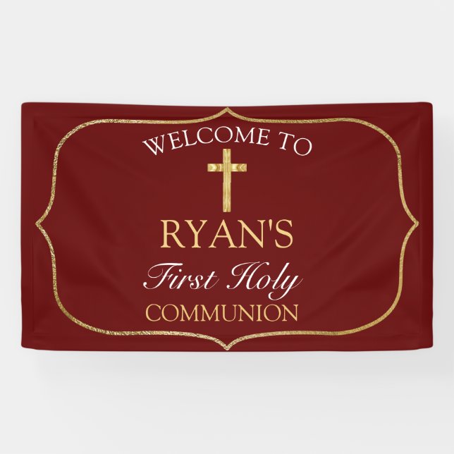 Burgundy Gold Cross 1. Heilige Kommune Willkommen Banner (Horizontal)
