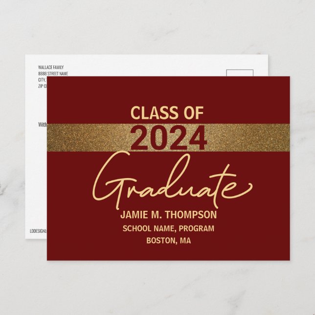 Burgundy Gold Custom Class of 2024 Abschluss Postkarte (Vorne/Hinten)