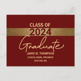 Burgundy Gold Custom Class of 2024 Abschluss Postkarte