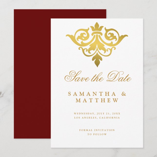 Burgundy Gold Damask Indische Hochzeit retten das  Save The Date (Vorne/Hinten)