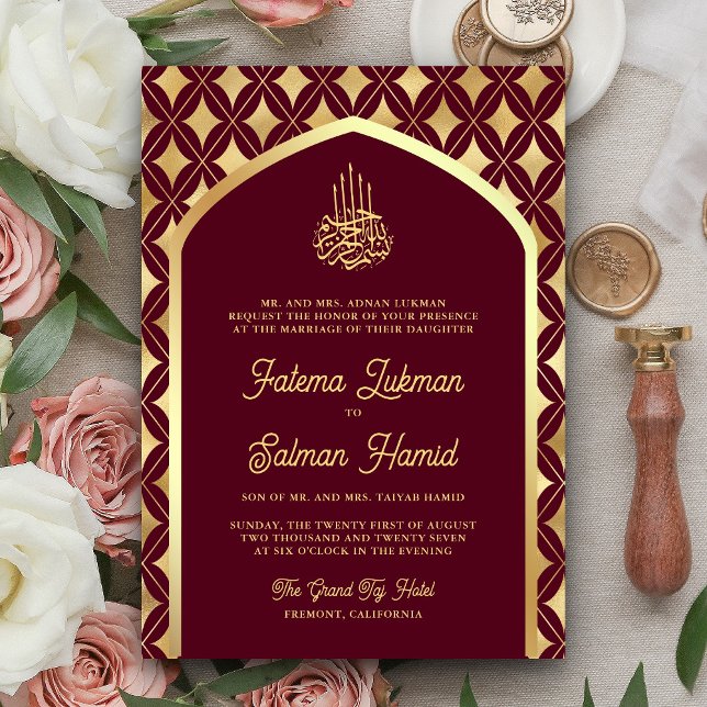 Burgundy Gold Diamonds Arch Muslime Hochzeit Einladung (Von Creator hochgeladen)
