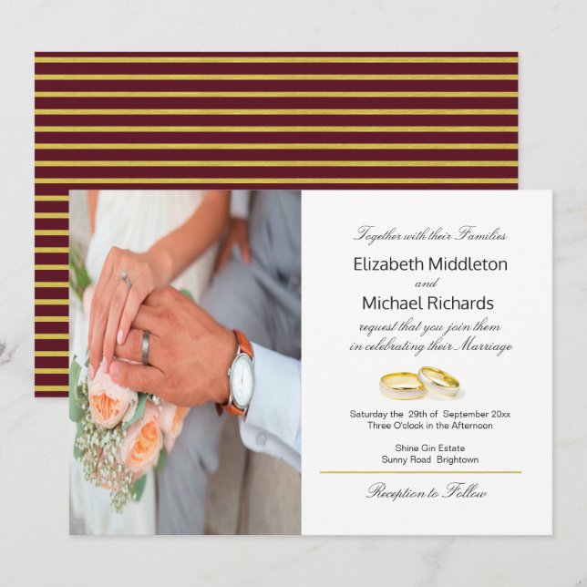 Burgundy Gold Elegant Faire-part de mariage photo (Devant / Derrière)