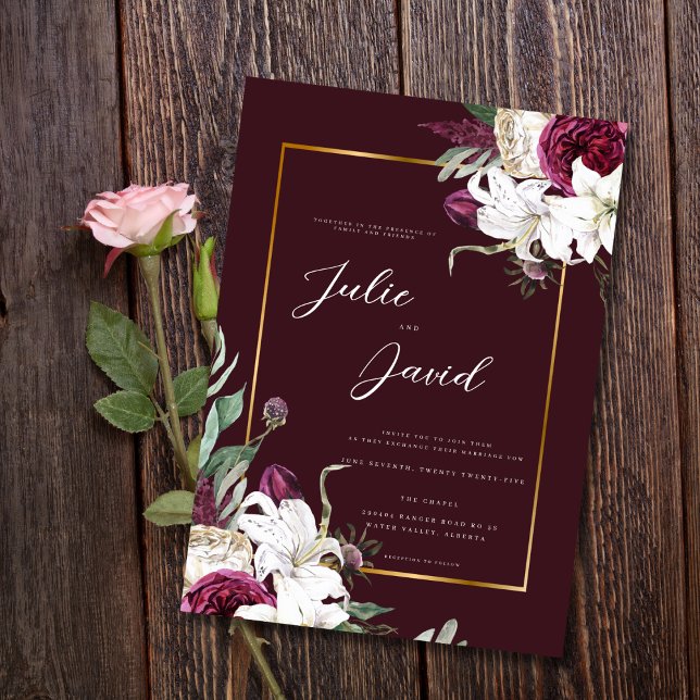 Burgundy Gold - Elegant Floral Luxe Hochzeit Einladung (Von Creator hochgeladen)
