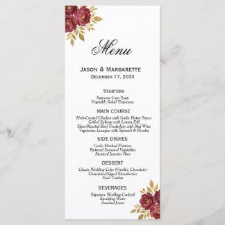 Burgundy Gold Elegant Florals Modern Simple Menükarte