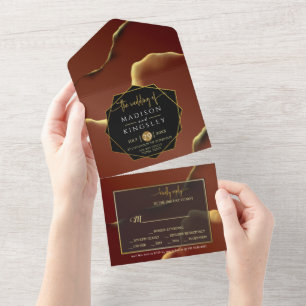 Burgundy Gold 🌿 Elegant Inky Abstrakt Hochzeit All In One Einladung