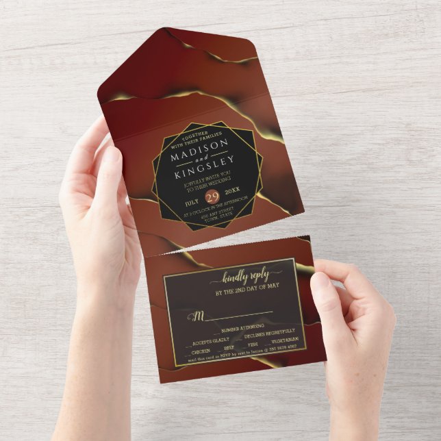 Burgundy Gold 🌿 Elegant Inky Abstrakt Hochzeit All In One Einladung (Abreißen)