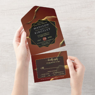 Burgundy Gold 🌿 Elegant Inky Abstrakt Hochzeit All In One Einladung
