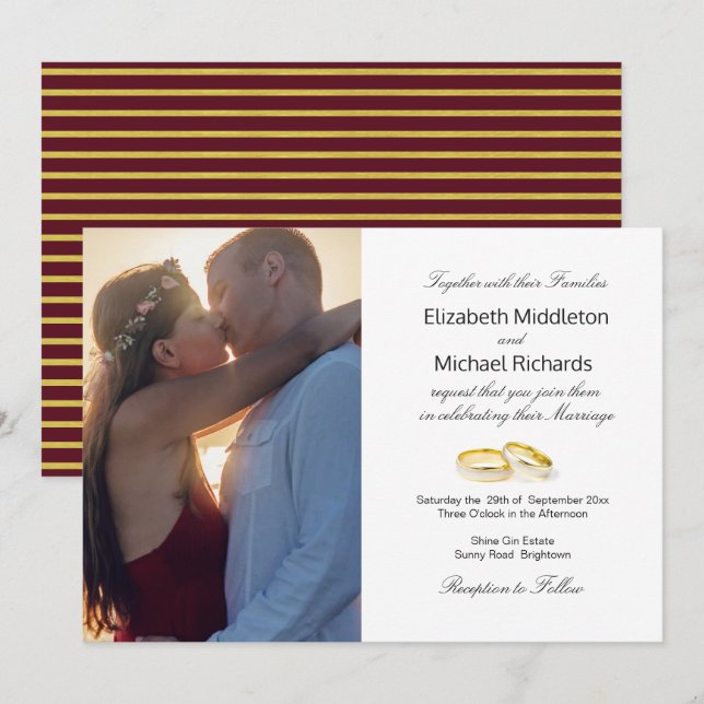 Burgundy Gold Elegante Hochzeit Foto Einladung (Vorne/Hinten)