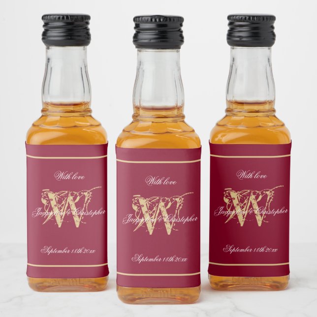 Burgundy & Gold Elegante Monogram Chic Wedding Min Alkoholflaschenetikett (Flaschen)