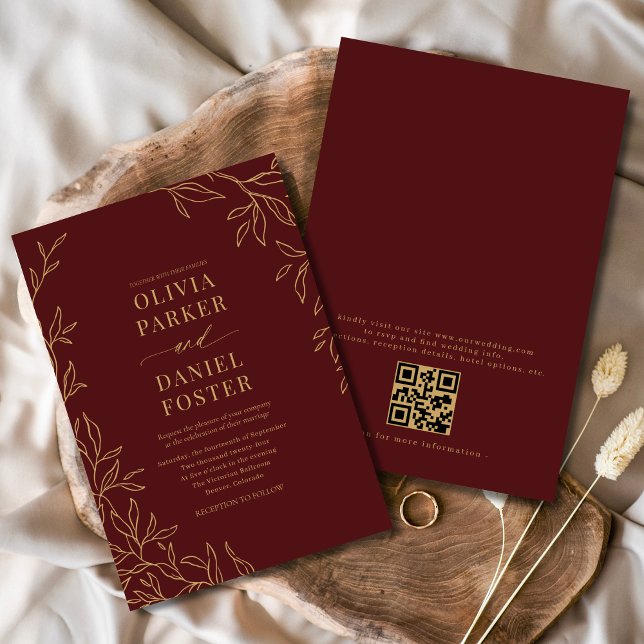 Burgundy Gold Eleganter Minimalistischer QR Code W Einladung (Von Creator hochgeladen)