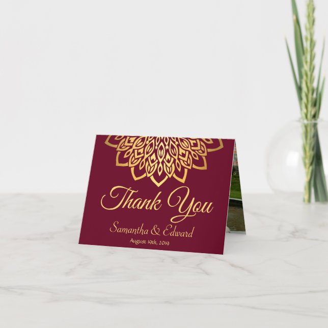 Burgundy Gold Elegantes Foto Hochzeit Dankeskarte (Vorderseite)