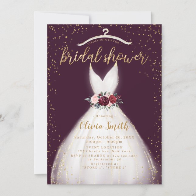 Burgundy Gold Elegantes Hochzeitskleid Brautparty Einladung (Vorderseite)