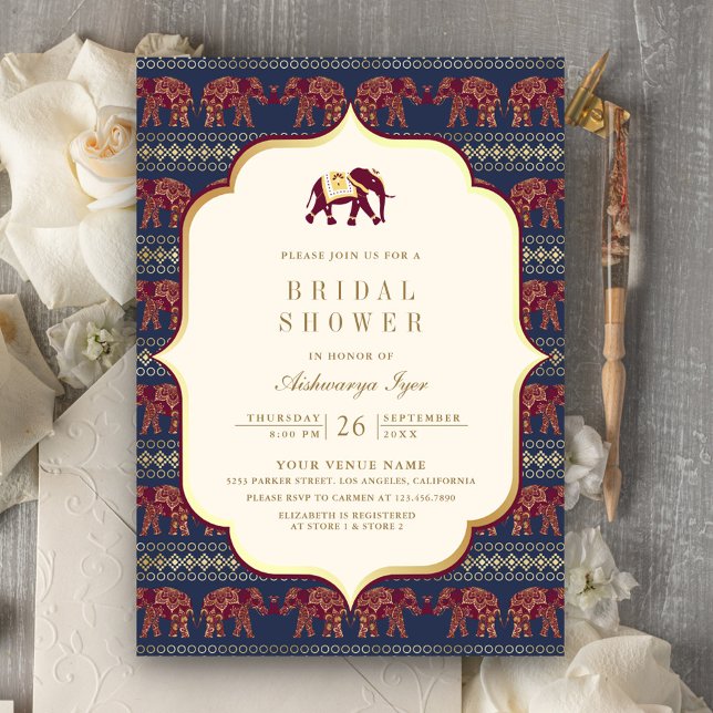 Burgundy Gold Elephant Indianerisches Brautparty Einladung (Von Creator hochgeladen)