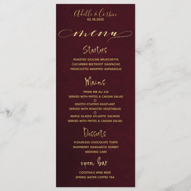 Burgundy & Gold Extravagante Kalligraphie Menükarte (Vorderseite)