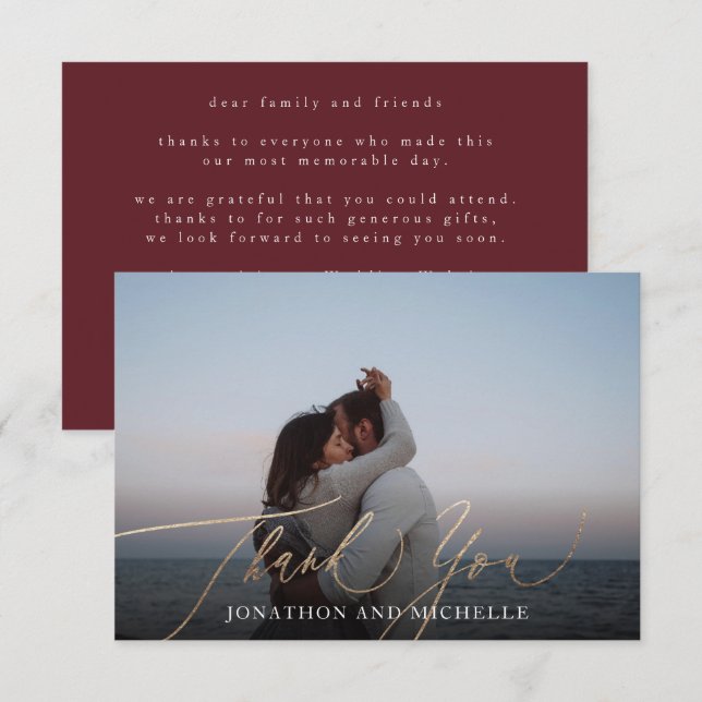 Burgundy & Gold Fall Calligrafy Wedding Foto Dankeskarte (Vorne/Hinten)