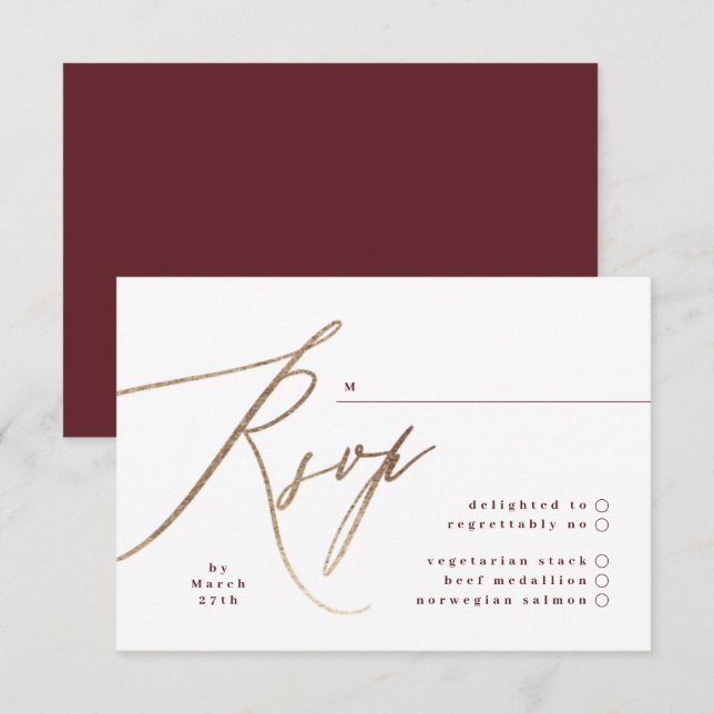 Burgundy & Gold Fall Calligrafy Wedding RSVP Karte (Vorne/Hinten)