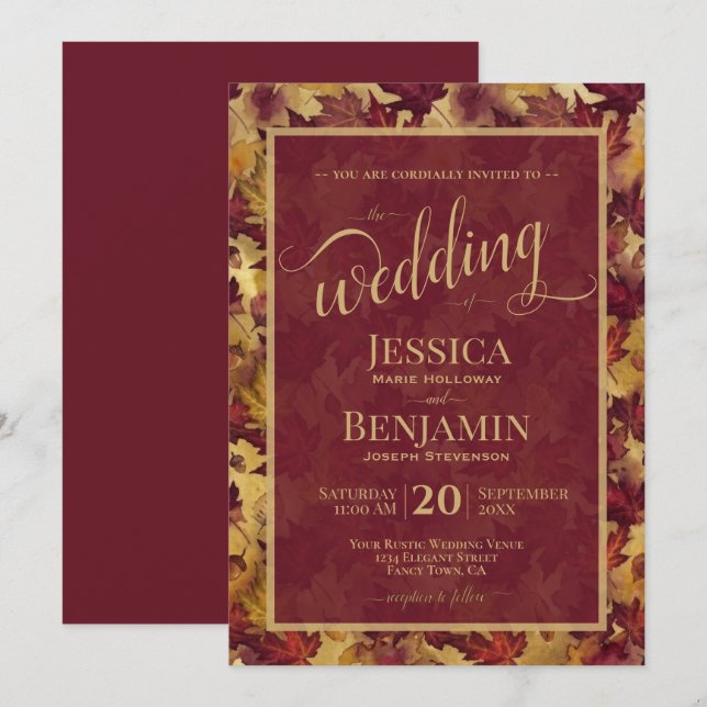Burgundy & Gold Fall Leaves Stylish Script Wedding Einladung (Vorne/Hinten)