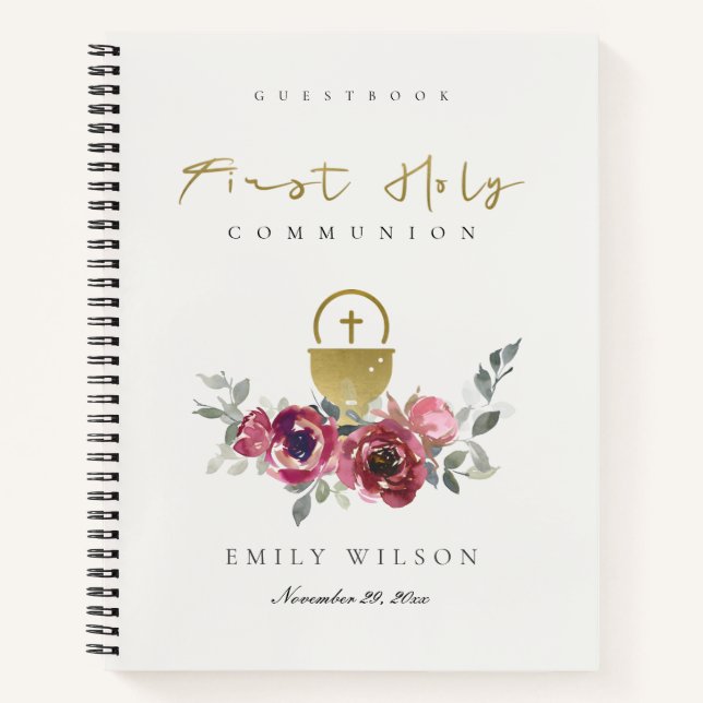 BURGUNDY GOLD FLORA ERSTER HOLY COMMUNION GÄSTEBUC NOTIZBUCH (Vorderseite)