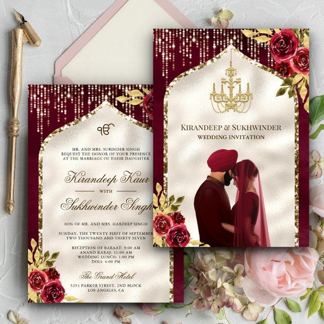 Burgundy Gold Floral Anand Karaj Sikh Wedding Einladung (Von Creator hochgeladen)