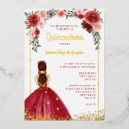 Burgundy Gold Floral Ball Gown 15. Quinceanera Folieneinladung