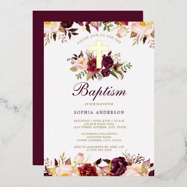 Burgundy Gold Floral Baptisse Folieneinladung (Vorderseite/Rückseite)