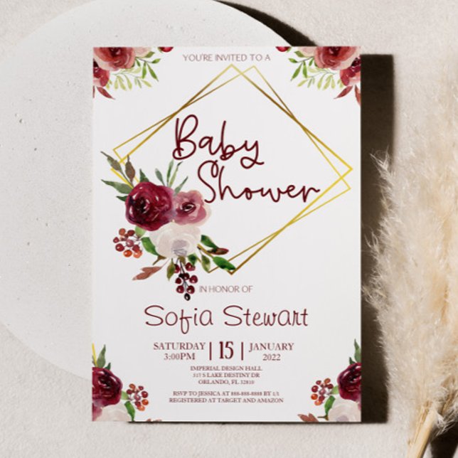 Burgundy Gold Floral Blume Frame Baby Dusche Einladung (Von Creator hochgeladen)