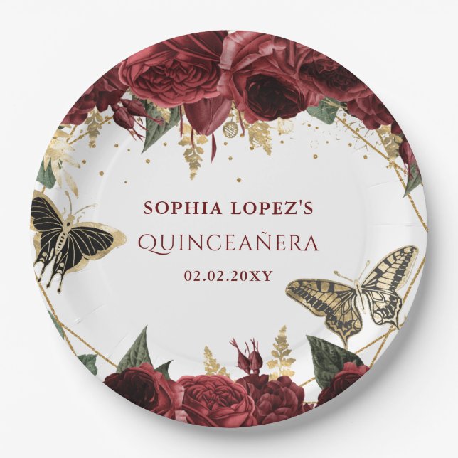 Burgundy Gold Floral Butterfliegen Quinceanera Pappteller (Vorderseite)