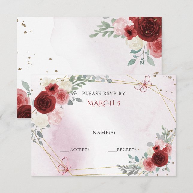 Burgundy Gold Floral Butterfliegen Quinceanera RSVP Karte (Vorne/Hinten)
