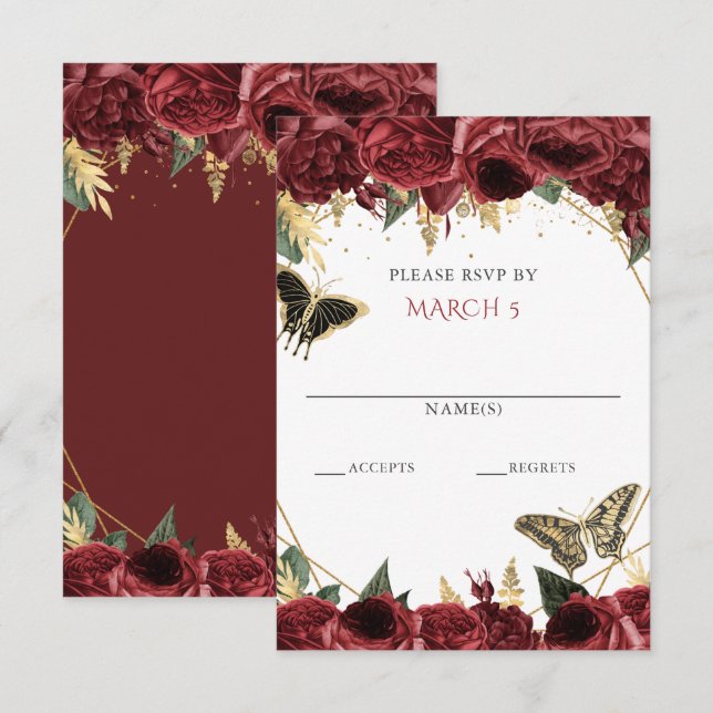 Burgundy Gold Floral Butterfliegen Quinceanera RSVP Karte (Vorne/Hinten)