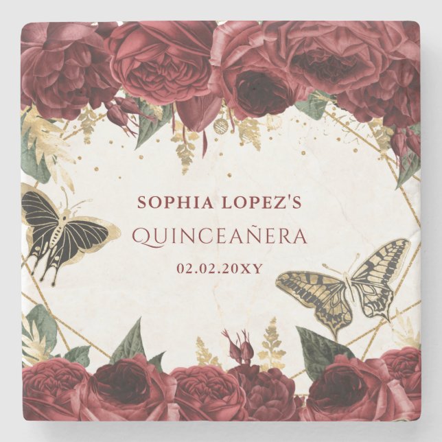 Burgundy Gold Floral Butterfliegen Quinceanera Steinuntersetzer (Vorderseite)