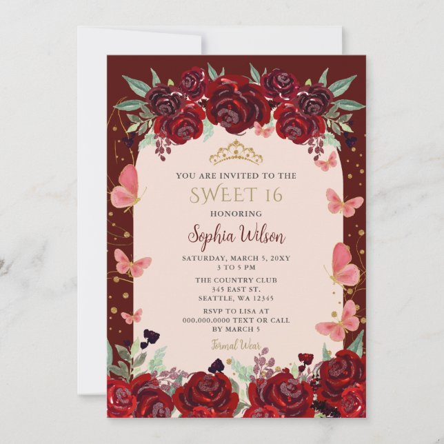 Burgundy Gold Floral Butterflies Sweet 16 Einladung (Vorderseite)