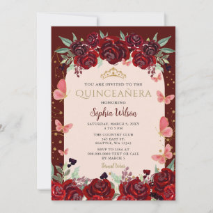 Burgundy Gold Floral Butterfly Quinceañera Quince Einladung