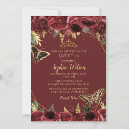 Burgundy Gold Floral Butterfly Sweet 16 Einladung