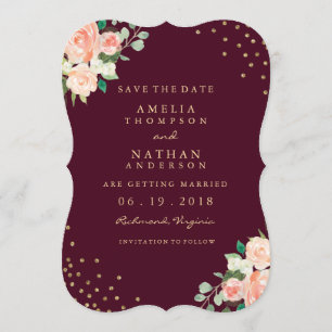 Burgundy Gold Floral Confetti Save the Date