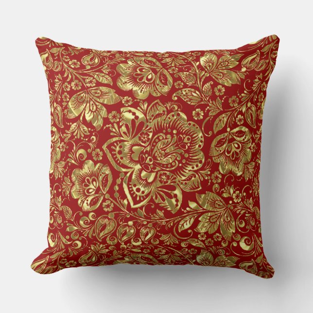 Burgundy & Gold Floral Damask Muster Kissen (Vorderseite)