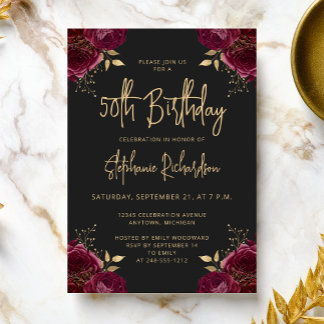 Burgundy Gold Floral Dark 50th Birthday Party Einladung