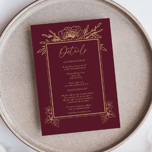 Burgundy Gold Floral Einfache Hochzeitsdetails Begleitkarte