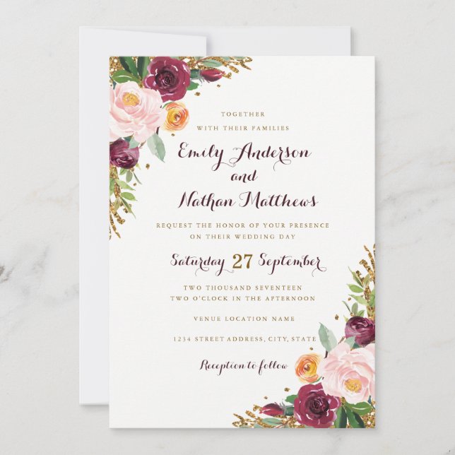 Burgundy Gold Floral Glitzer Hochzeit Einladung (Vorderseite)