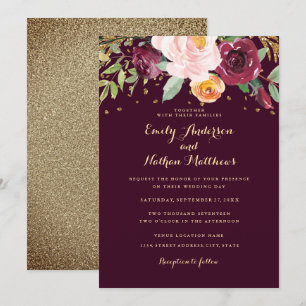 Burgundy Gold Floral Glitzer Hochzeit Einladung