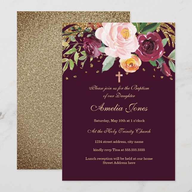 Burgundy Gold Floral Glitzer Taufe Einladung (Vorne/Hinten)