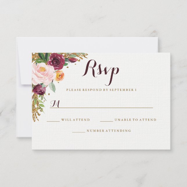 Burgundy Gold Floral Glitzer Wedding RSVP (Vorderseite)