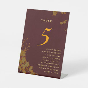 Burgundy & Gold Floral Guest Names Tischnummer Sockelschild