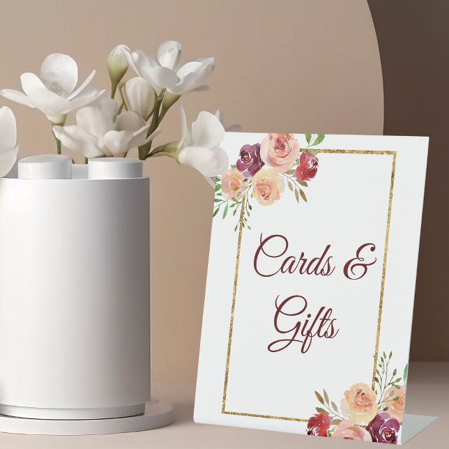 Burgundy Gold Floral Herbst Hochzeitskarten & Gesc Sockelschild (Von Creator hochgeladen)