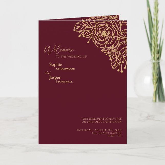 Burgundy Gold Floral Mariage Programme plié (Devant)