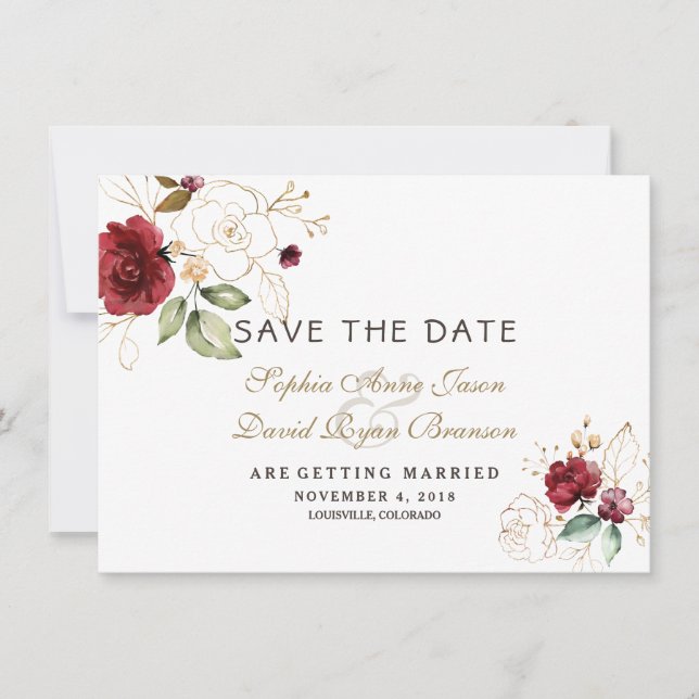 Burgundy Gold Floral Mariage Save The Date (Devant)