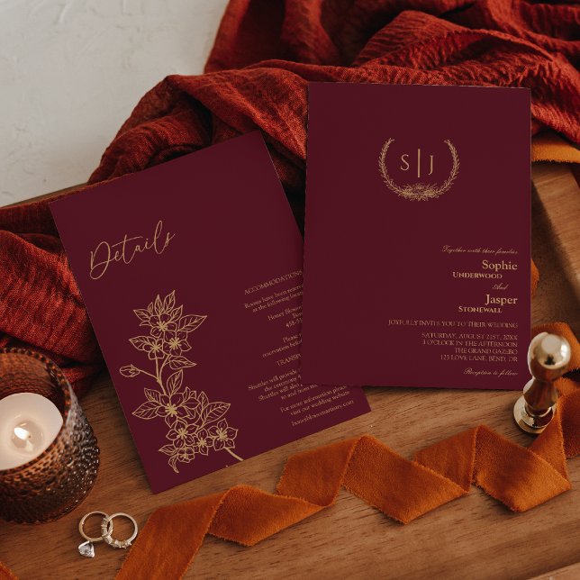 Burgundy Gold Floral Monogram Einladung (Von Creator hochgeladen)