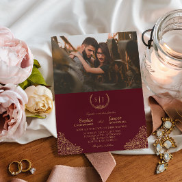 Burgundy Gold Floral Monogram Formal Foto Wedding Einladung