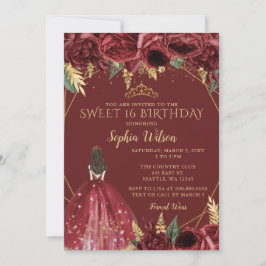 Burgundy Gold Floral Princess Sweet 16 Einladung